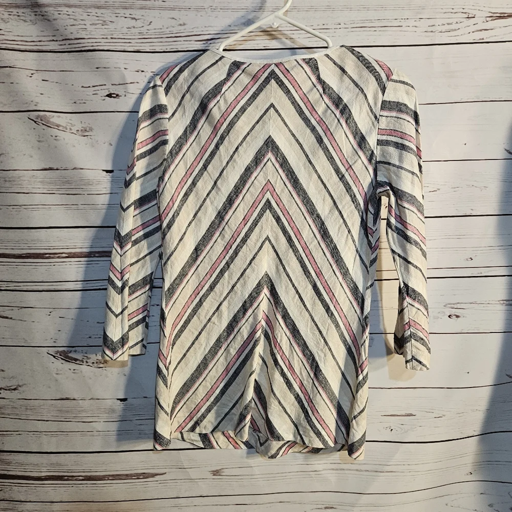 Tory Burch Top Striped‎ 3/4 Sleeve Lace Up Neckline Pink Navy White Size 6